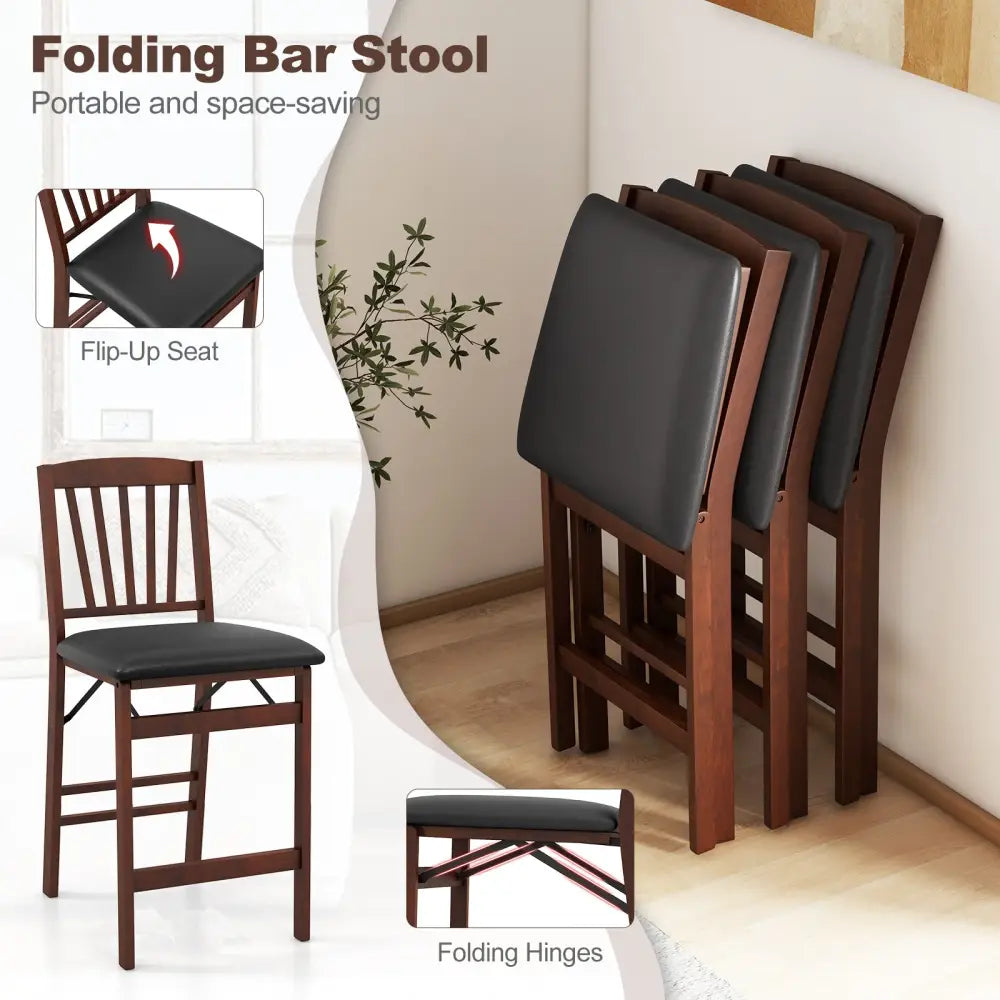 Set of 2 Counter Height Chairs Folding Kitchen Island Stool with Padded Seat-Brown - Brown - Bar Stools