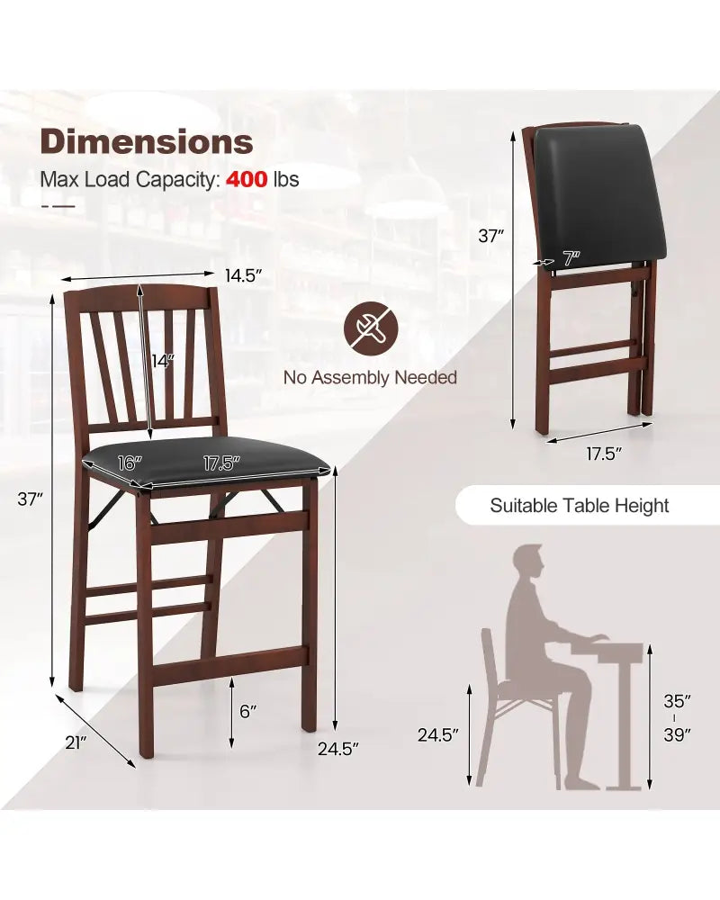 Set of 2 Counter Height Chairs Folding Kitchen Island Stool with Padded Seat-Brown - Brown - Bar Stools