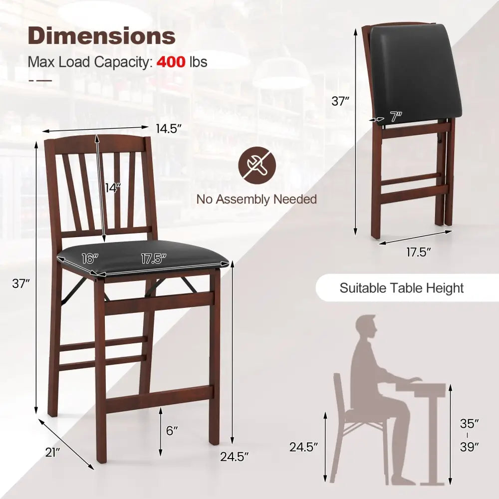 Set of 2 Counter Height Chairs Folding Kitchen Island Stool with Padded Seat-Brown - Brown - Bar Stools