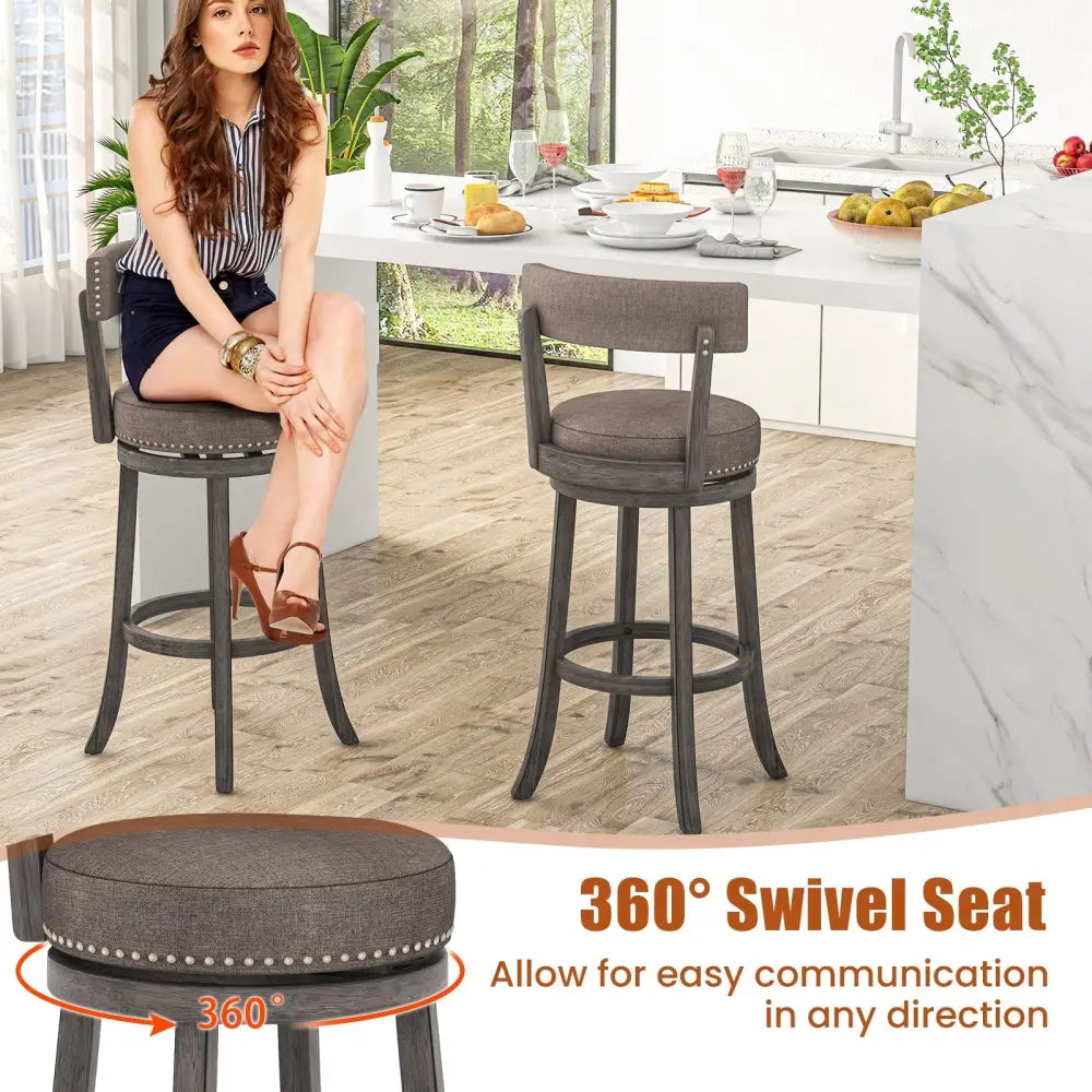 Set of 2 Counter Height Chairs with 360Â° Swivel Seat and Rubber Wood Frame-29 Inches - Bar Stools