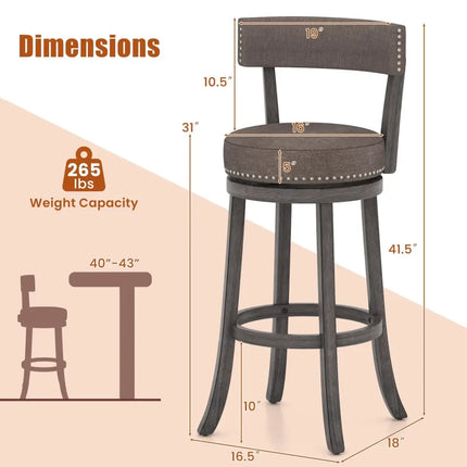 Set of 2 Counter Height Chairs with 360Â° Swivel Seat and Rubber Wood Frame-29 Inches - Bar Stools