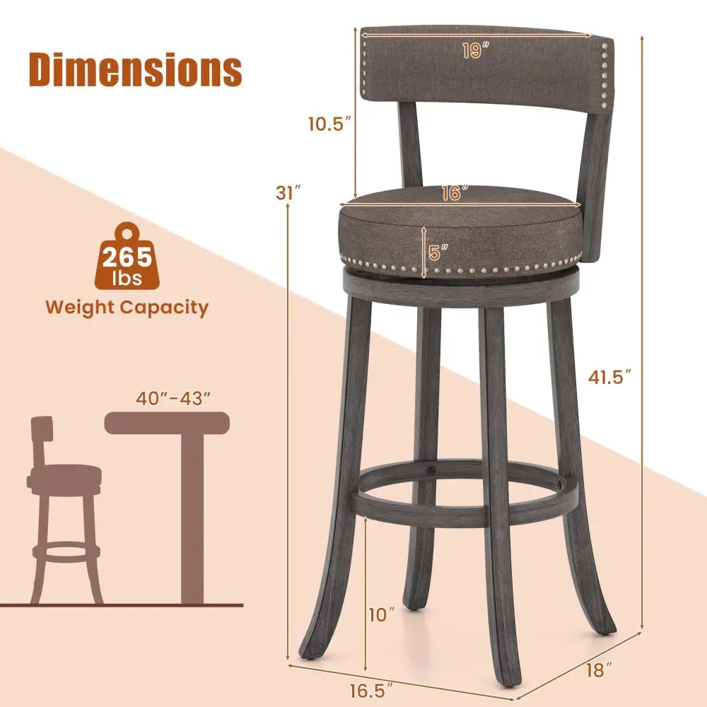Set of 2 Counter Height Chairs with 360Â° Swivel Seat and Rubber Wood Frame-29 Inches - Bar Stools