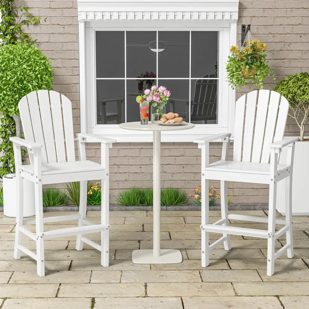 Set of 2 Counter Height Outdoor HDPE Bar Stool with Armrests and Footrest-White - White - Patio Bar Furniture