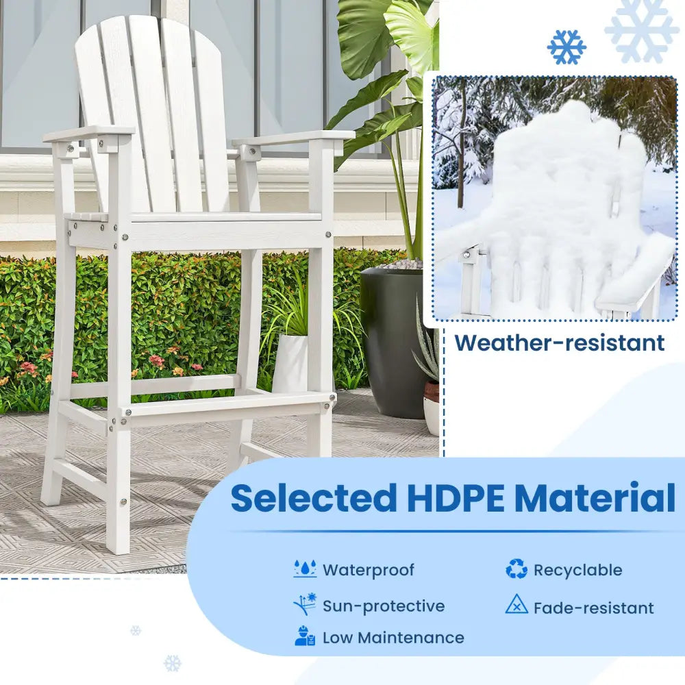 Set of 2 Counter Height Outdoor HDPE Bar Stool with Armrests and Footrest-White - White - Patio Bar Furniture