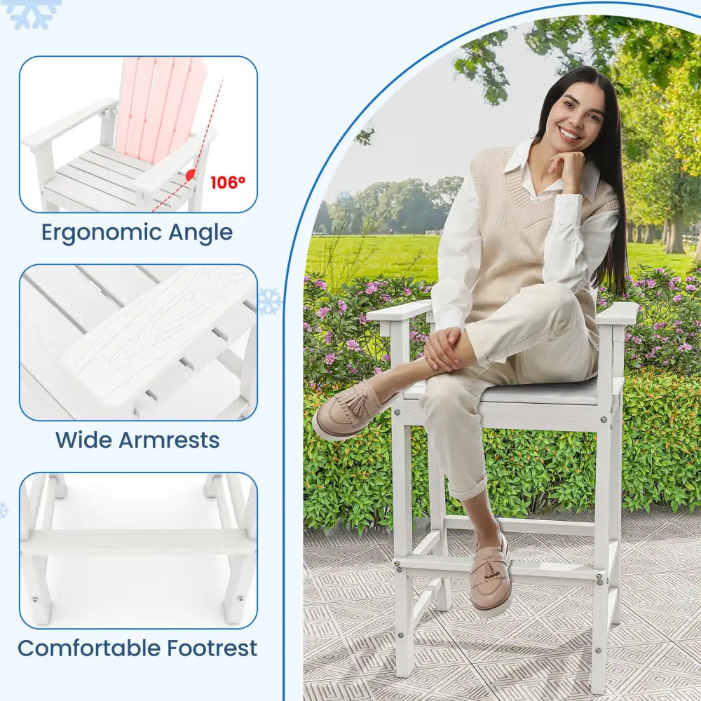 Set of 2 Counter Height Outdoor HDPE Bar Stool with Armrests and Footrest-White - White - Patio Bar Furniture