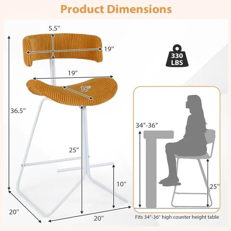 Set of 2 Counter Height Stools 25 Inch Armless Barstools with Padded Seat and Footrest - Orange - Oasis Home Essentials
