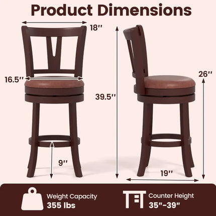 Set of 2 Counter Height Swivel Barstools with High Backs and Footrests-26 inches - Bar Stools