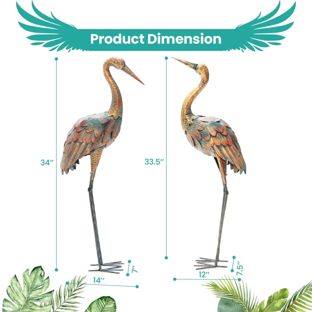 Set of 2 Crane Garden Statues Standing Metal Crane Sculptures Bird - Copper - Outdoor Decor