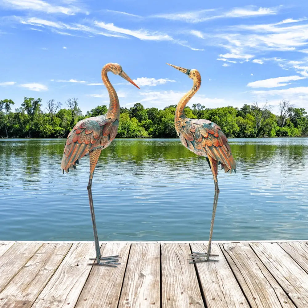 Set of 2 Crane Garden Statues Standing Metal Crane Sculptures Bird - Copper - Outdoor Decor