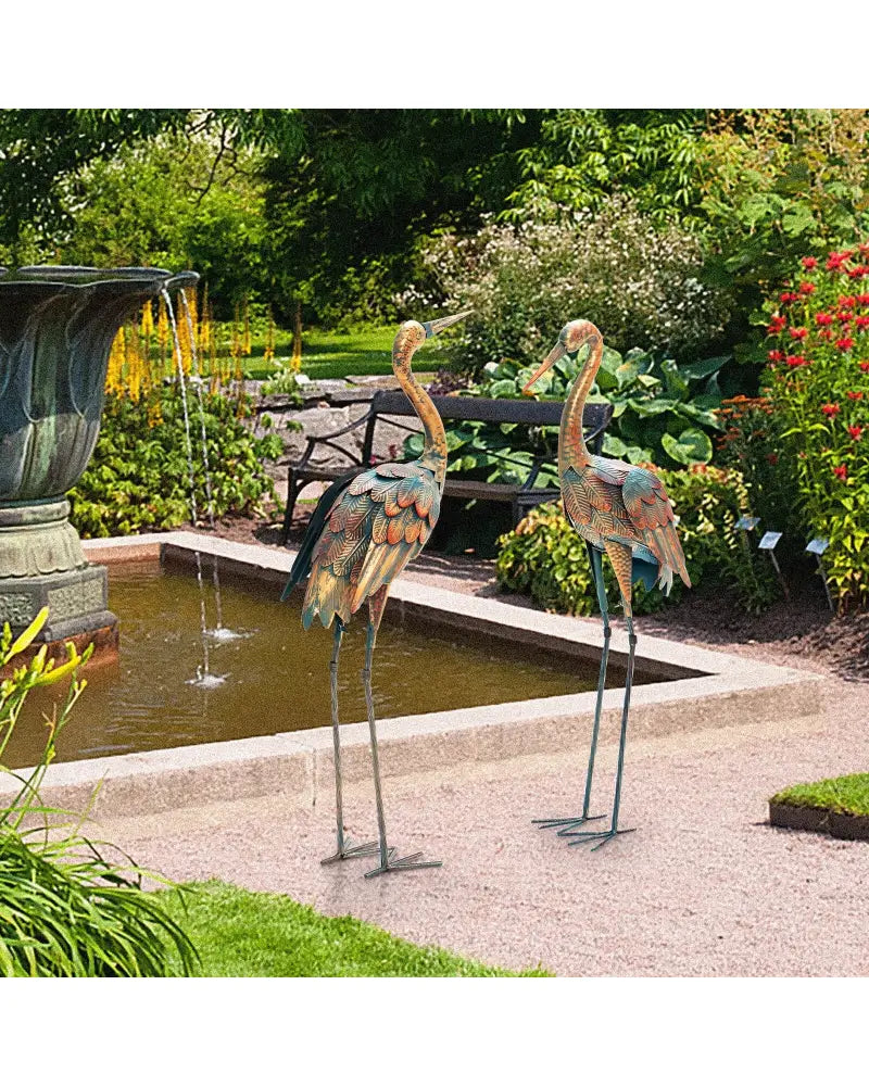 Set of 2 Crane Garden Statues Standing Metal Crane Sculptures Bird - Copper - Outdoor Decor