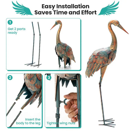 Set of 2 Crane Garden Statues Standing Metal Crane Sculptures Bird - Copper - Outdoor Decor