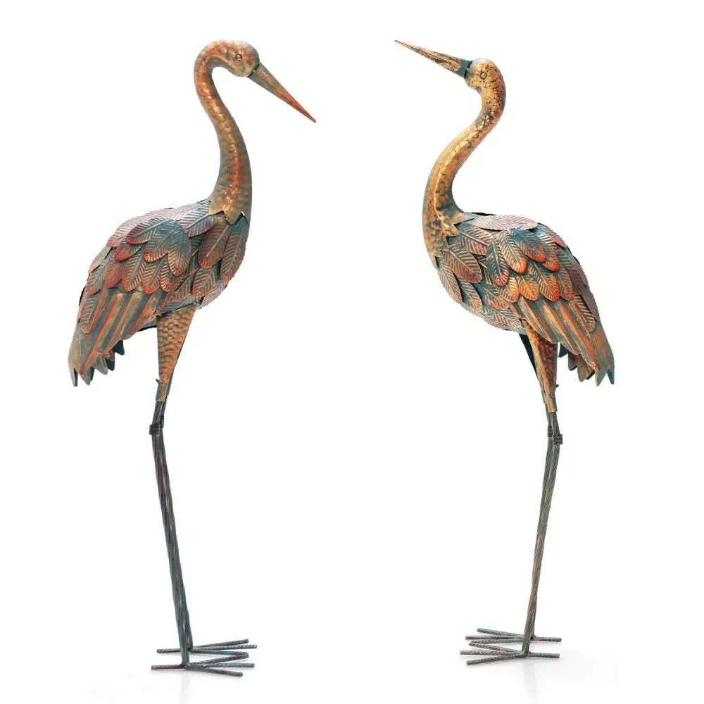 Set of 2 Crane Garden Statues Standing Metal Crane Sculptures Bird - Copper - Outdoor Decor