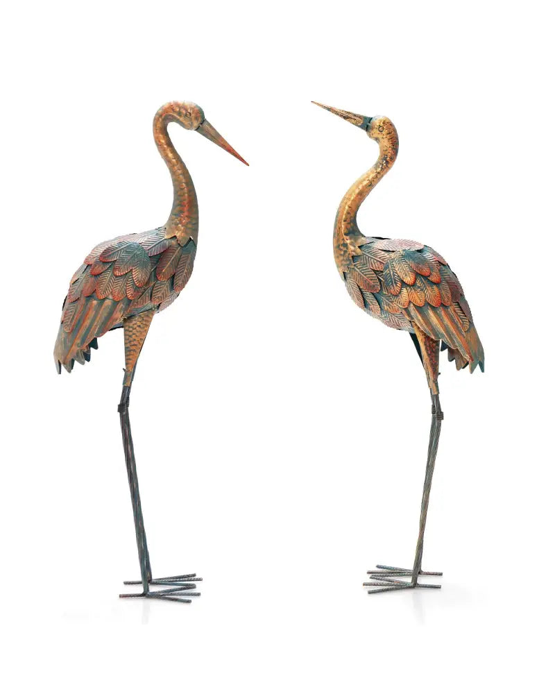 Set of 2 Crane Garden Statues Standing Metal Crane Sculptures Bird - Copper - Outdoor Decor