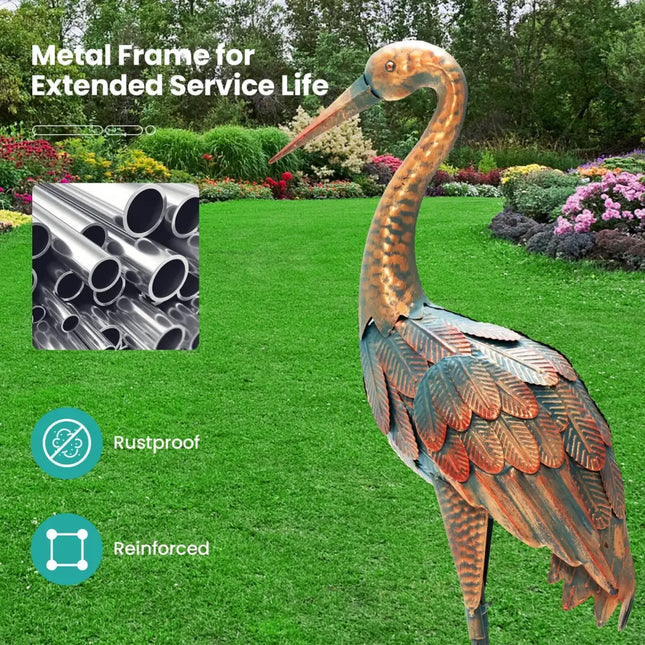 Set of 2 Crane Garden Statues Standing Metal Crane Sculptures Bird - Copper - Outdoor Decor