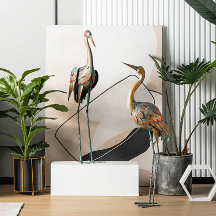 Set of 2 Crane Garden Statues Standing Metal Crane Sculptures Bird - Copper - Outdoor Decor