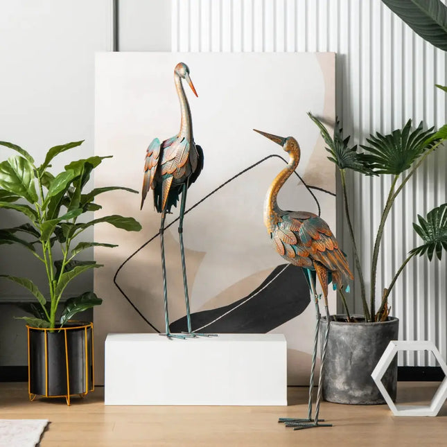 Set of 2 Crane Garden Statues Standing Metal Crane Sculptures Bird - Copper - Outdoor Decor