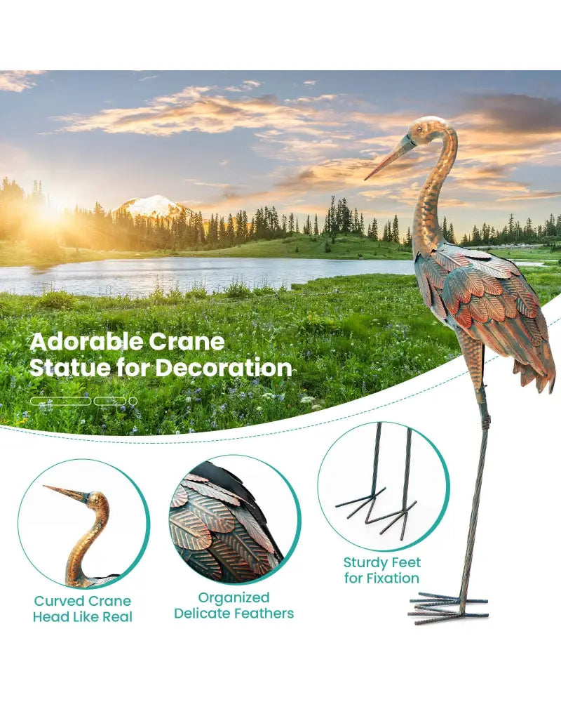 Set of 2 Crane Garden Statues Standing Metal Crane Sculptures Bird - Copper - Outdoor Decor