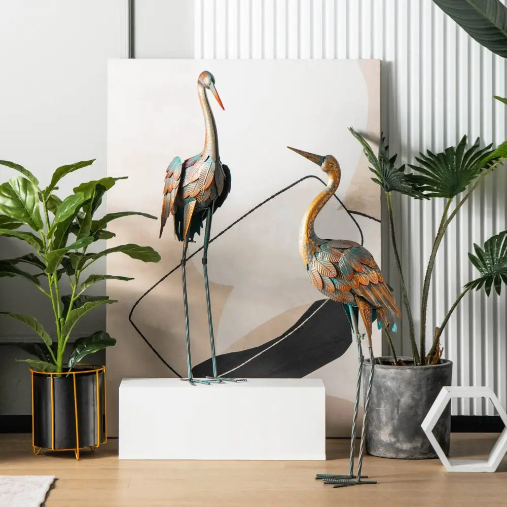 Set of 2 Crane Garden Statues Standing Metal Crane Sculptures Bird - Copper - Outdoor Decor