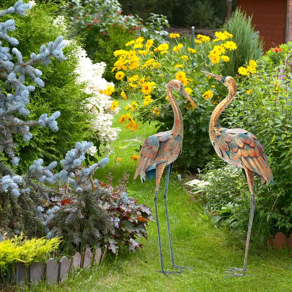 Set of 2 Crane Garden Statues Standing Metal Crane Sculptures Bird - Copper - Outdoor Decor