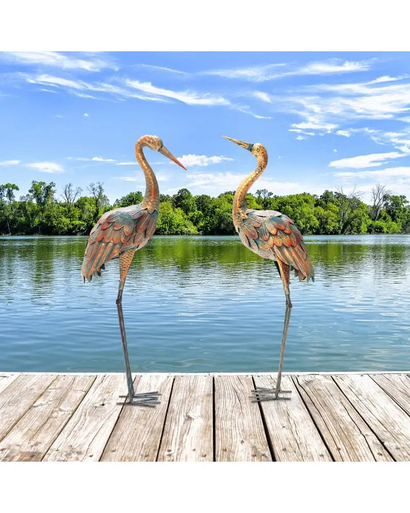 Set of 2 Crane Garden Statues Standing Metal Crane Sculptures Bird - Copper - Outdoor Decor