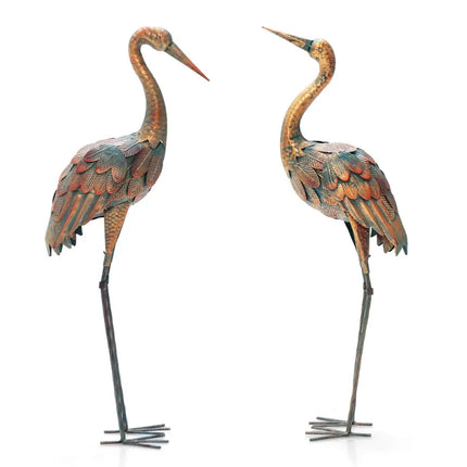 Set of 2 Crane Garden Statues Standing Metal Crane Sculptures Bird - Copper - Outdoor Decor