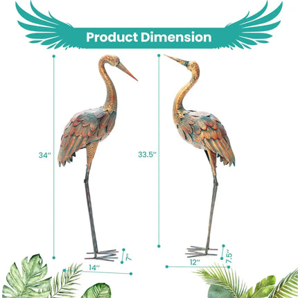 Set of 2 Crane Garden Statues Standing Metal Crane Sculptures Bird - Copper - Outdoor Decor