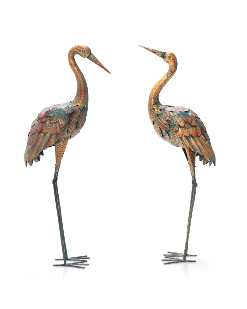 Set of 2 Crane Garden Statues Standing Metal Crane Sculptures Bird - Copper - Outdoor Decor