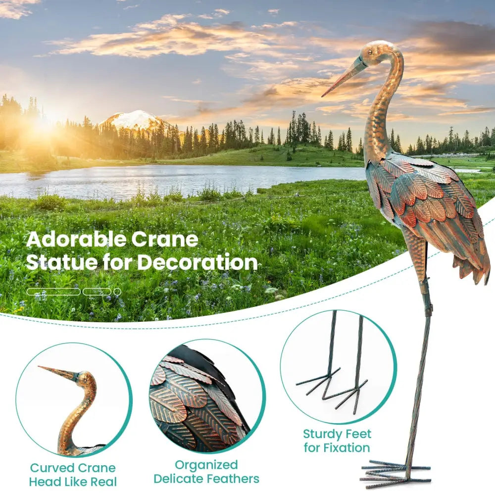 Set of 2 Crane Garden Statues Standing Metal Crane Sculptures Bird - Copper - Outdoor Decor