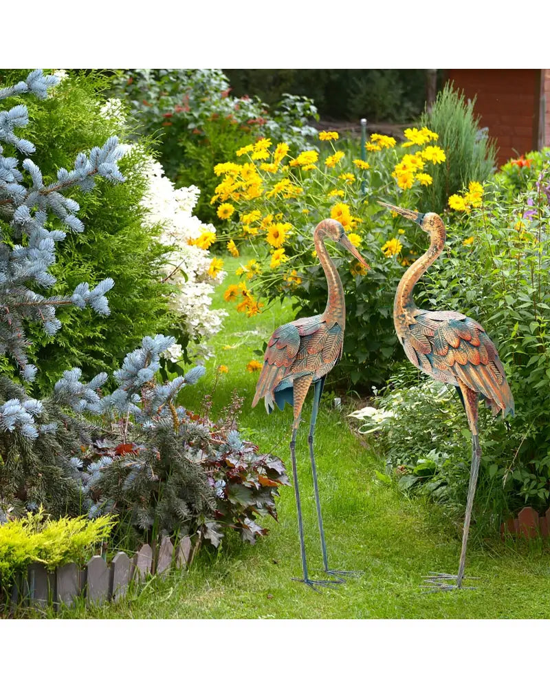 Set of 2 Crane Garden Statues Standing Metal Crane Sculptures Bird - Copper - Outdoor Decor