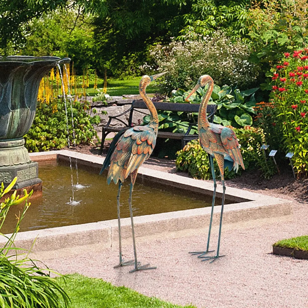 Set of 2 Crane Garden Statues Standing Metal Crane Sculptures Bird - Copper - Outdoor Decor
