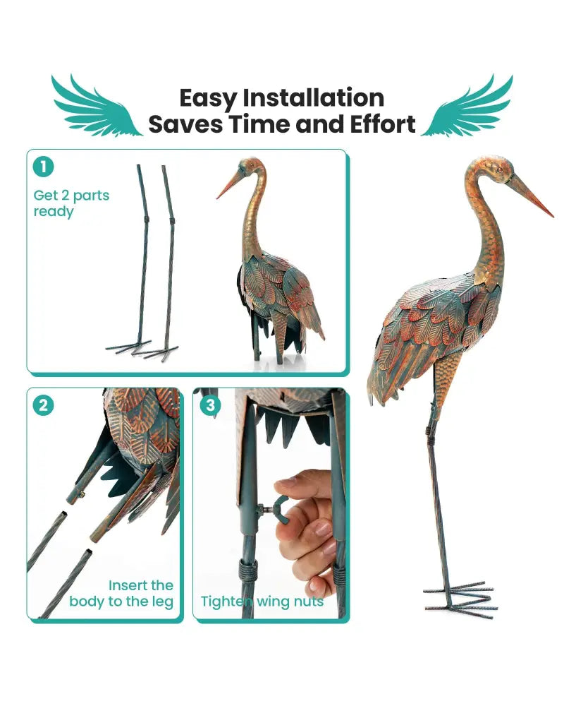 Set of 2 Crane Garden Statues Standing Metal Crane Sculptures Bird - Copper - Outdoor Decor