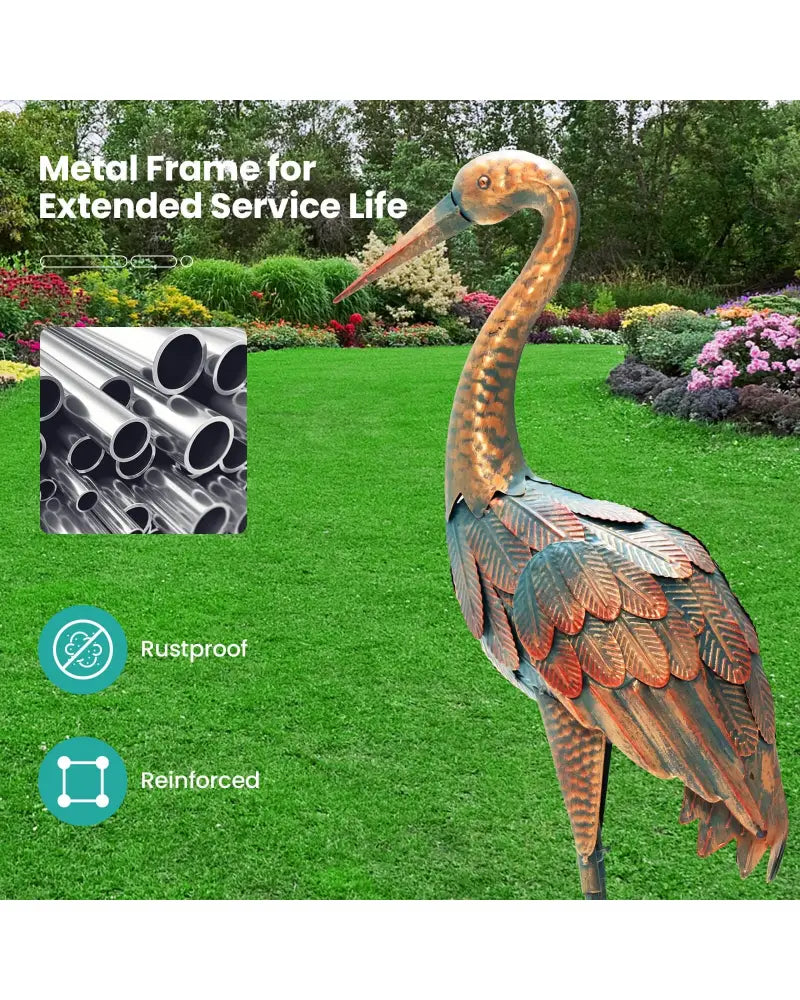 Set of 2 Crane Garden Statues Standing Metal Crane Sculptures Bird - Copper - Outdoor Decor