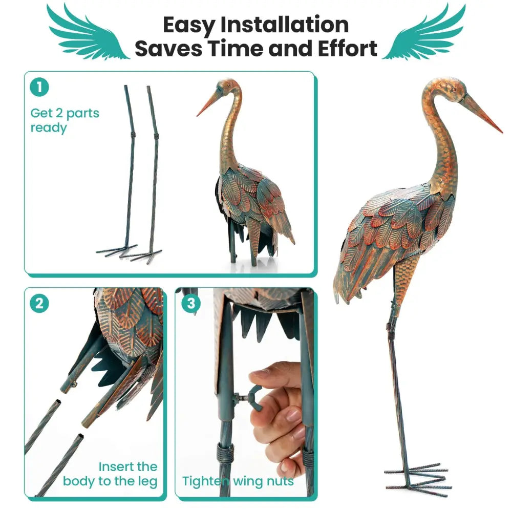Set of 2 Crane Garden Statues Standing Metal Crane Sculptures Bird - Copper - Outdoor Decor