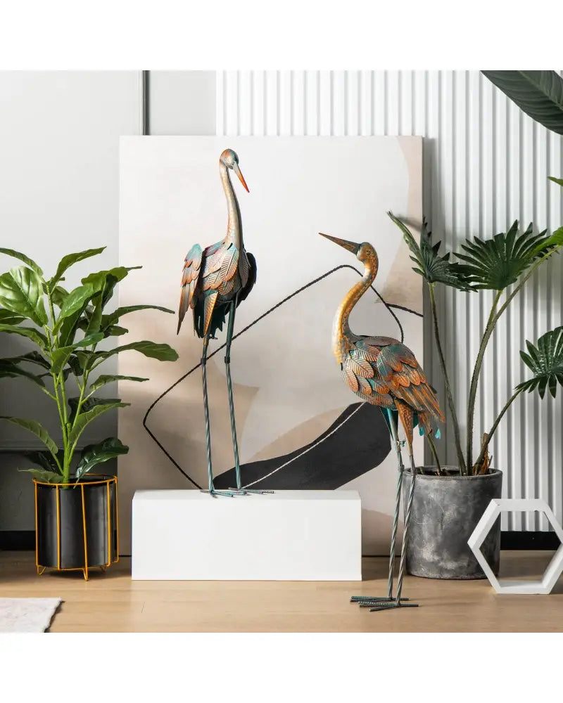Set of 2 Crane Garden Statues Standing Metal Crane Sculptures Bird - Copper - Outdoor Decor