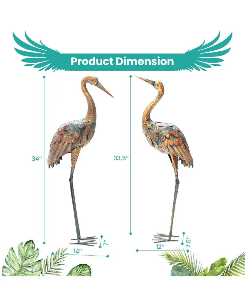 Set of 2 Crane Garden Statues Standing Metal Crane Sculptures Bird - Copper - Outdoor Decor
