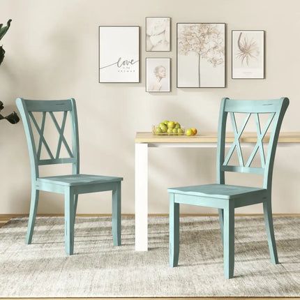 Set of 2 Cross Back Rubber Wood Dining Chairs-Green - Green - Dining Chairs