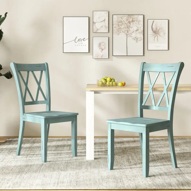 Set of 2 Cross Back Rubber Wood Dining Chairs-Green - Green - Dining Chairs