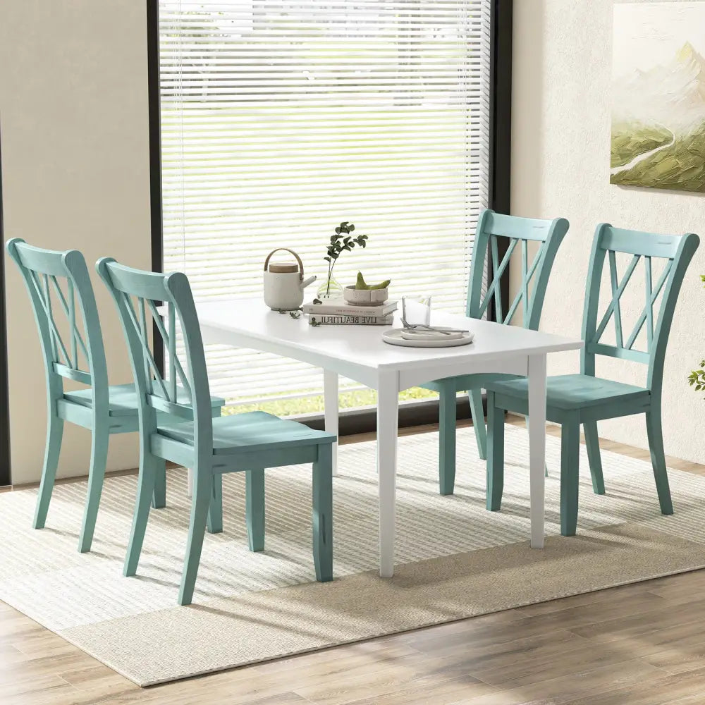 Set of 2 Cross Back Rubber Wood Dining Chairs-Green - Green - Dining Chairs