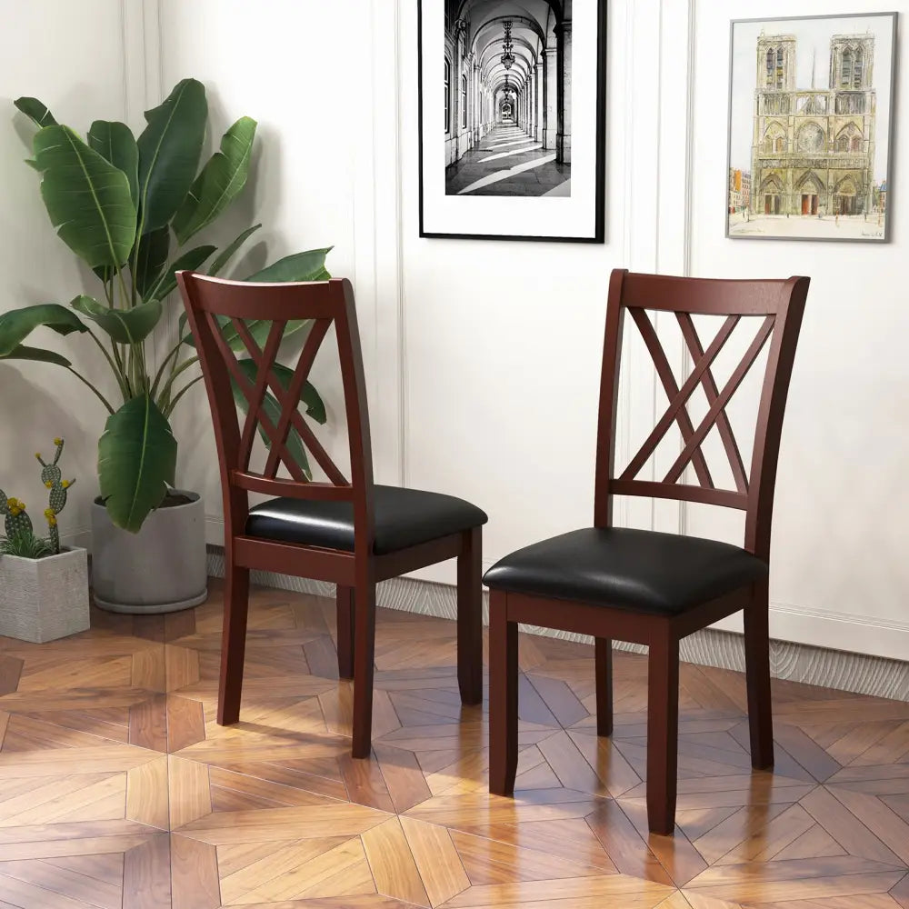 Set of 2 Dining Chair with Backrest and Padded Seat-Brown - Brown - Dining Chairs