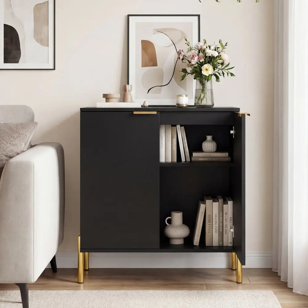 Set of 2 2-Door Buffet Cabinet Sideboard with Metal Legs-Black - Black - Sideboards Cabinets & Buffets
