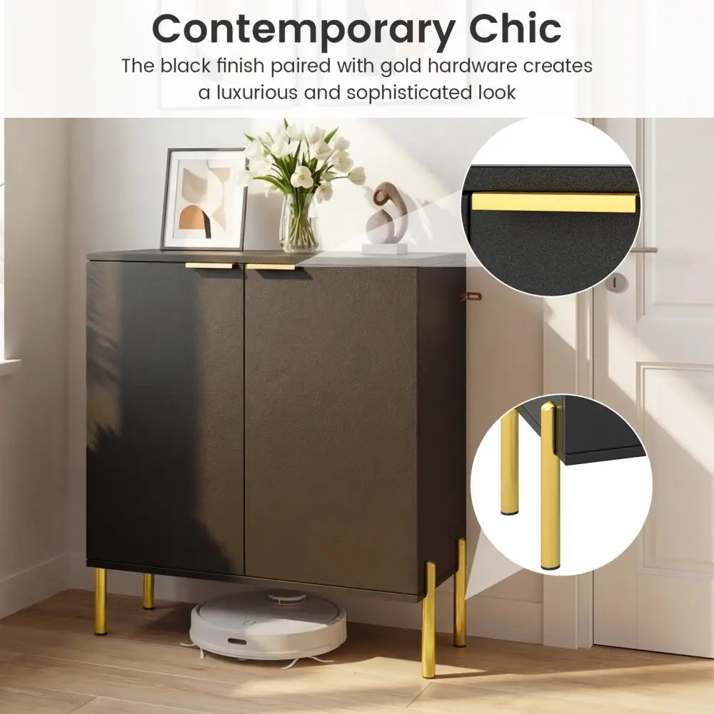 Set of 2 2-Door Buffet Cabinet Sideboard with Metal Legs-Black - Black - Sideboards Cabinets & Buffets