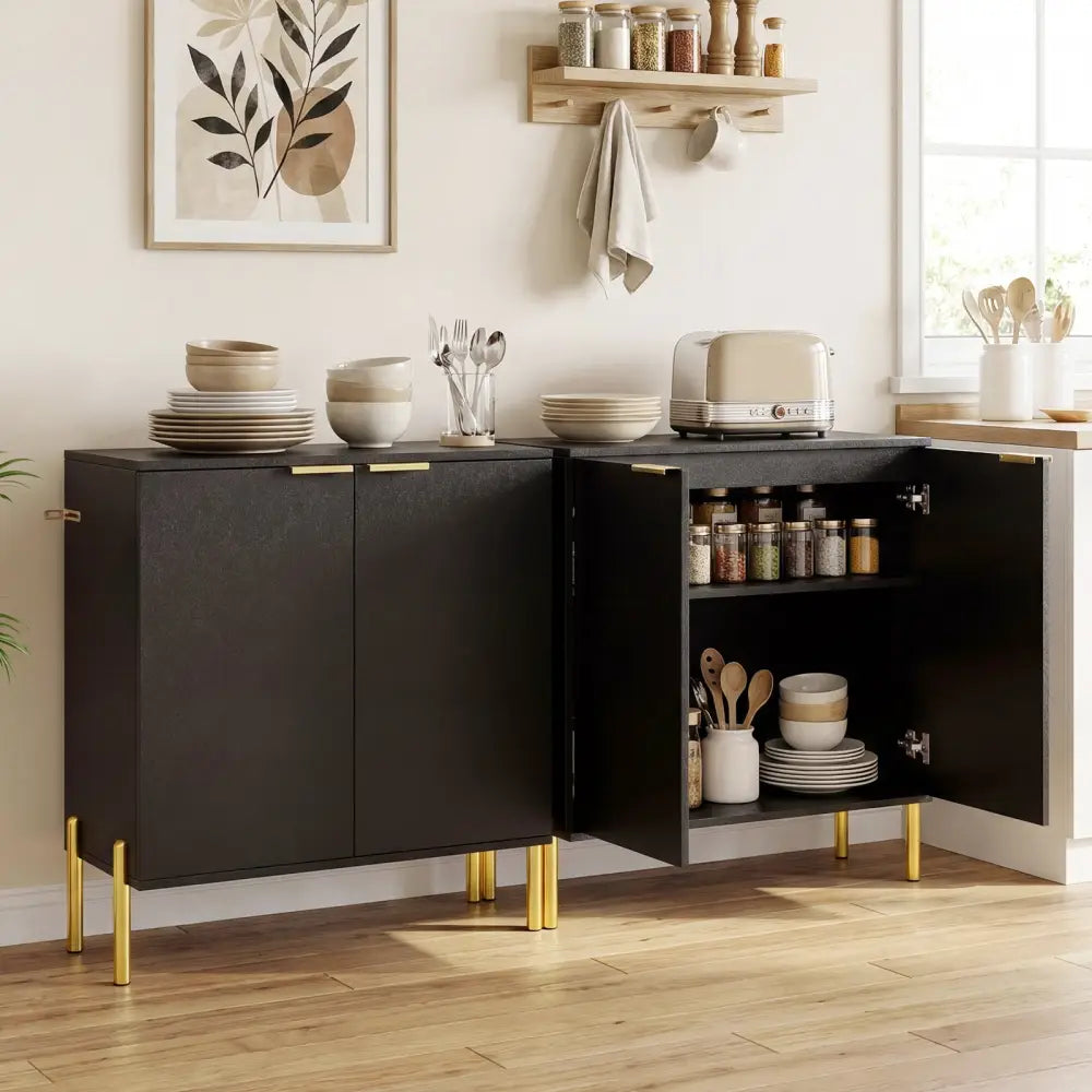 Set of 2 2-Door Buffet Cabinet Sideboard with Metal Legs-Black - Black - Sideboards Cabinets & Buffets