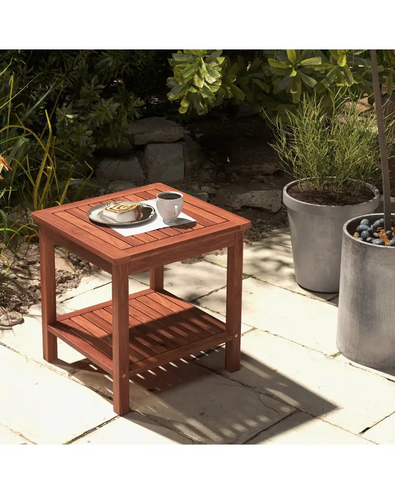Set of 2 Double-Tier Acacia Wood Patio Side Table with Slatted Tabletop and Shelf - Natural - Patio Coffee Tables