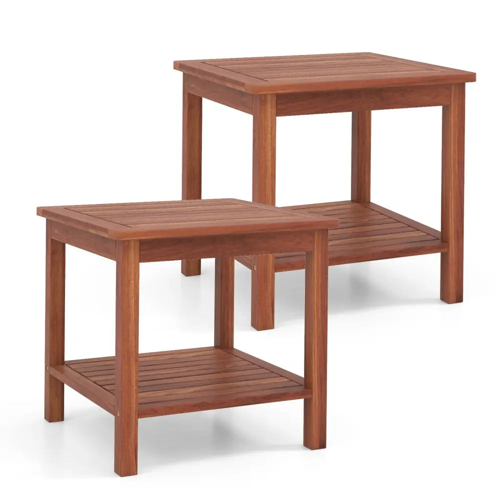 Set of 2 Double-Tier Acacia Wood Patio Side Table with Slatted Tabletop and Shelf - Natural - Patio Coffee Tables