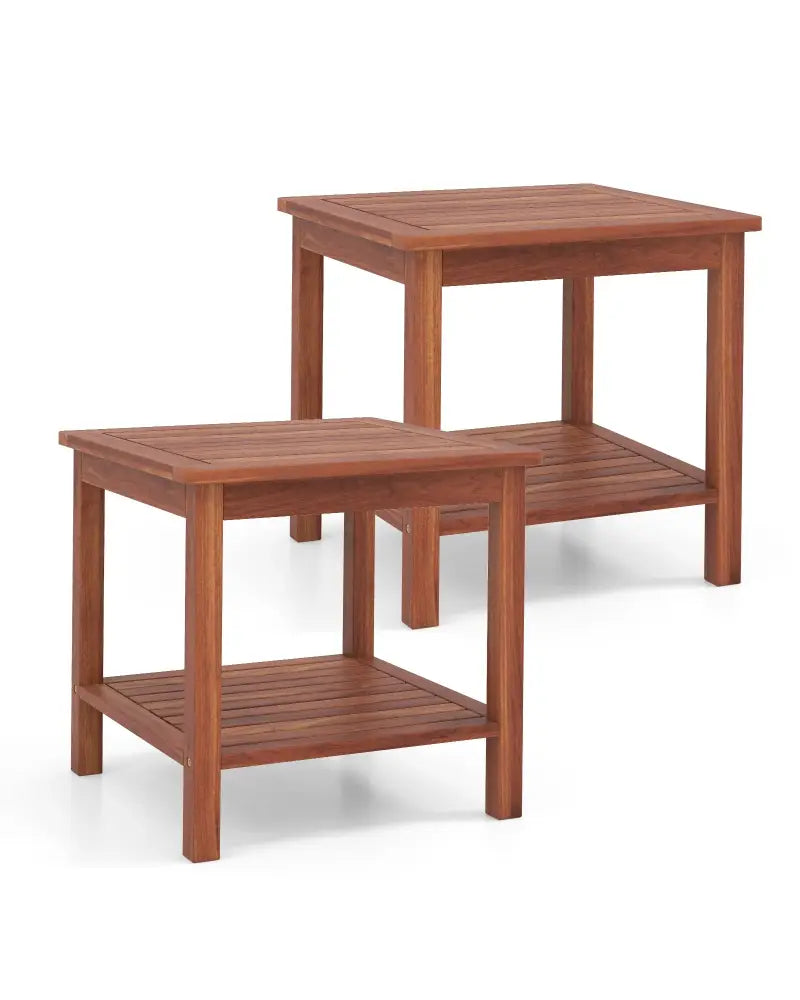 Set of 2 Double-Tier Acacia Wood Patio Side Table with Slatted Tabletop and Shelf - Natural - Patio Coffee Tables