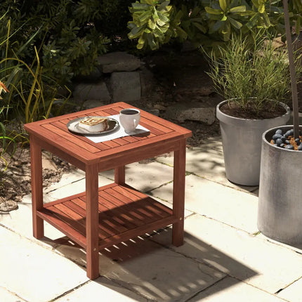Set of 2 Double-Tier Acacia Wood Patio Side Table with Slatted Tabletop and Shelf - Natural - Patio Coffee Tables