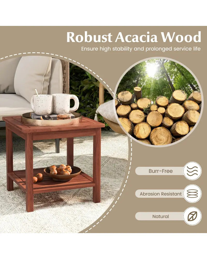Set of 2 Double-Tier Acacia Wood Patio Side Table with Slatted Tabletop and Shelf - Natural - Patio Coffee Tables