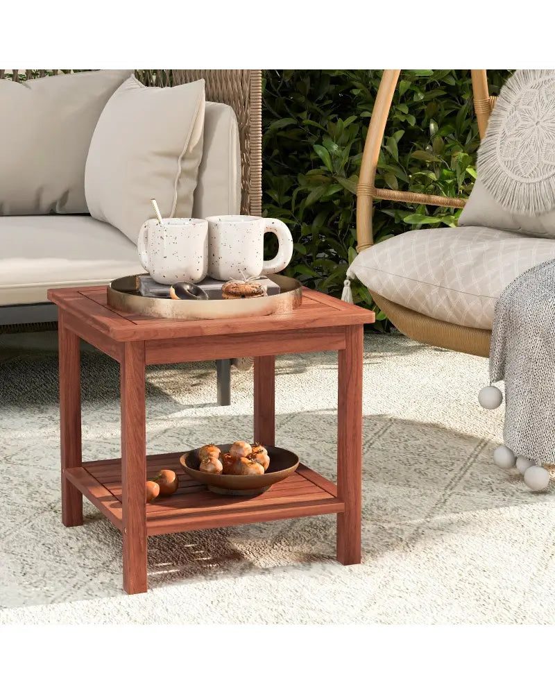 Set of 2 Double-Tier Acacia Wood Patio Side Table with Slatted Tabletop and Shelf - Natural - Patio Coffee Tables