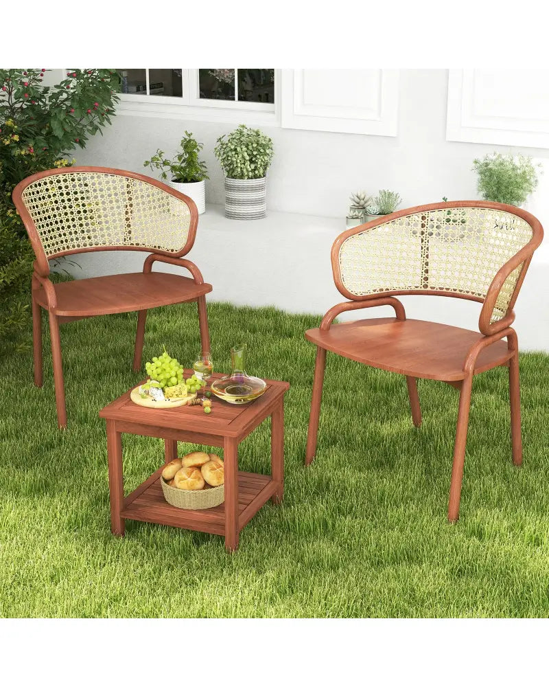 Set of 2 Double-Tier Acacia Wood Patio Side Table with Slatted Tabletop and Shelf - Natural - Patio Coffee Tables