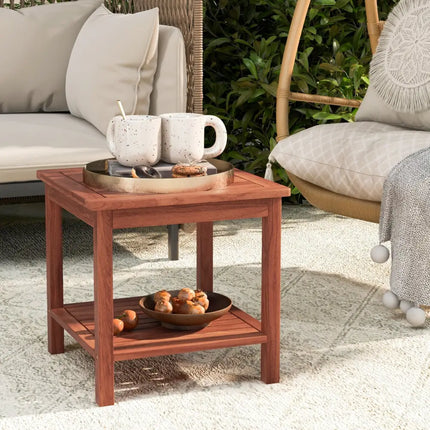 Set of 2 Double-Tier Acacia Wood Patio Side Table with Slatted Tabletop and Shelf - Natural - Patio Coffee Tables